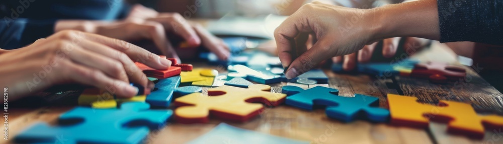 A group of people are working together to put together a puzzle. The image is used to illustrate the idea of teamwork and collaboration. A group of people are working together to put together a puzzle. The image is used to illustrate the idea of teamwork and collaboration.