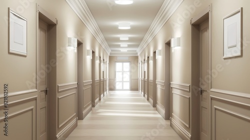 An empty hallway of a hospital with beige walls, doors, and windows showing closed doors, windows, lights, modern realistic illustration.