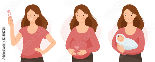 Stages of pregnancy - conception of a child, pregnancy and newborn. Healthy happy pregnancy and motherhood. 