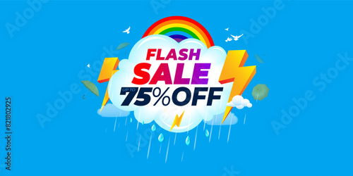 Rainbow, Rain, clouds, thunder, monsoon umbrella and sky background with Flash Sale 75% off deal discount offer Web banner vector illustration.