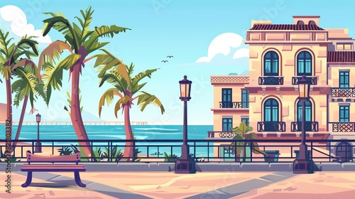 A city street with buildings and embankment. A tropical seafront with benches, lanterns, a fence, and palm trees. Town houses and promenade, modern cartoon illustration. photo