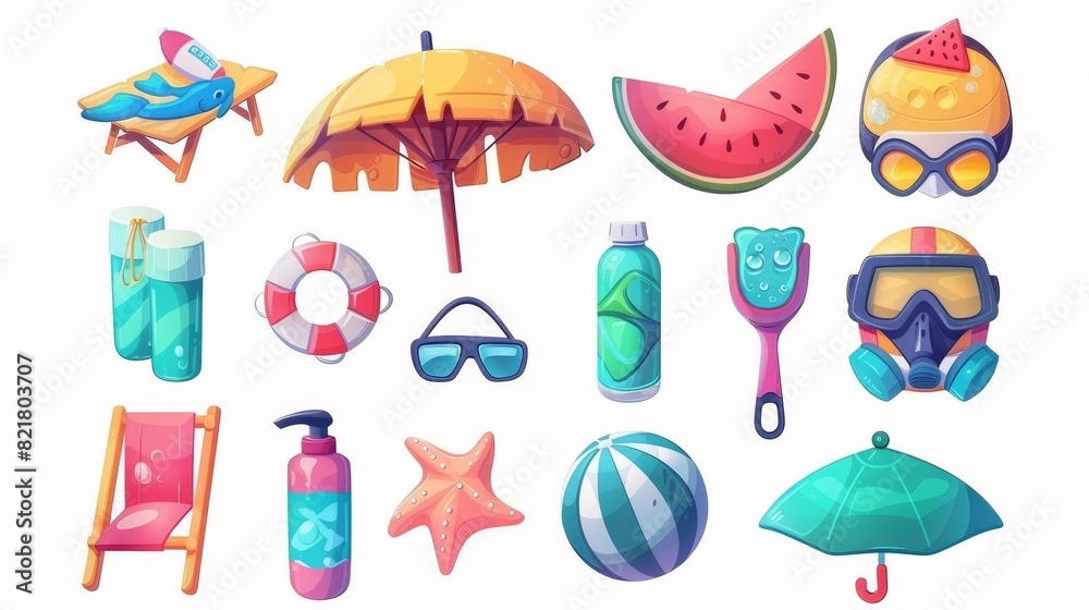 A cute summer beach or pool accessory set with sunscreen in a tube and sunglasses, a snorkel mask and chair, an inflatable ring, inflatable ball, an umbrella, and a watermelon piece. A cute summer beach or pool accessory set with sunscreen in a tube and sunglasses, a snorkel mask and chair, an inflatable ring, inflatable ball, an umbrella, and a watermelon piece.