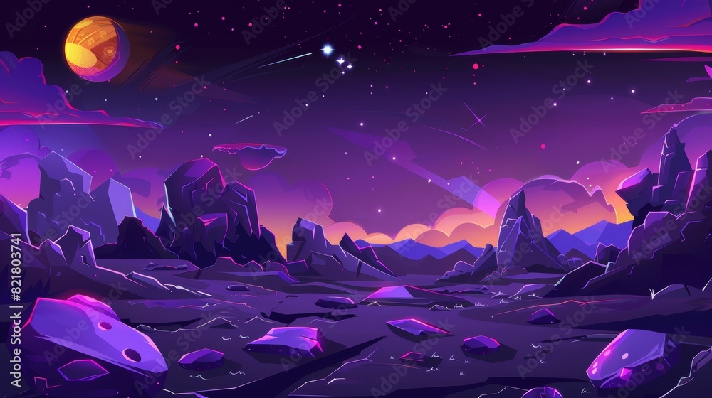 Landscape with purple rocks and stones on alien space planet. Cartoon illustration of fantasy cosmos land surface with neon color moon, stars, and clouds in night sky. Landscape with purple rocks and stones on alien space planet. Cartoon illustration of fantasy cosmos land surface with neon color moon, stars, and clouds in night sky.