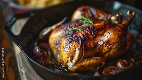 A whole roasted chicken in a cast iron skillet with crispy skin and a side of caramelized onions