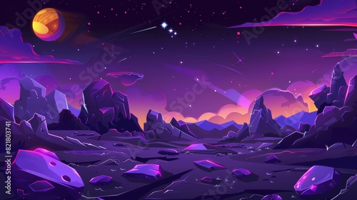 Landscape with purple rocks and stones on alien space planet. Cartoon illustration of fantasy cosmos land surface with neon color moon  stars  and clouds in night sky.