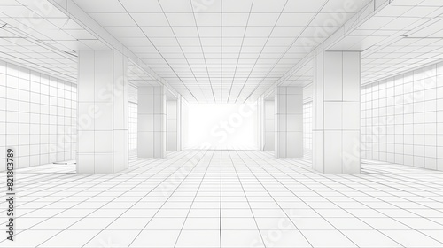 Realistic modern illustration of rectangle line grid box interior with white walls, ceilings, floors, corners. Abstract virtual space. Cyber dimension.
