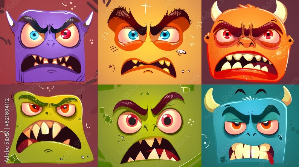 This is a set of square monster faces for player avatars in games. Cartoon emotion expressions on stickers in modern format. This is a funny alien character clipart collection with a happy, angry, This is a set of square monster faces for player avatars in games. Cartoon emotion expressions on stickers in modern format. This is a funny alien character clipart collection with a happy, angry,