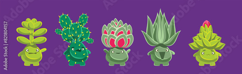 Cute Funny Plant Character with Fantasy Succulent and Cactus Vector Set