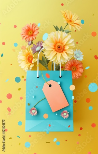 Shopping paper bag with spring flowers and sale price tag. Template for your promotional design.