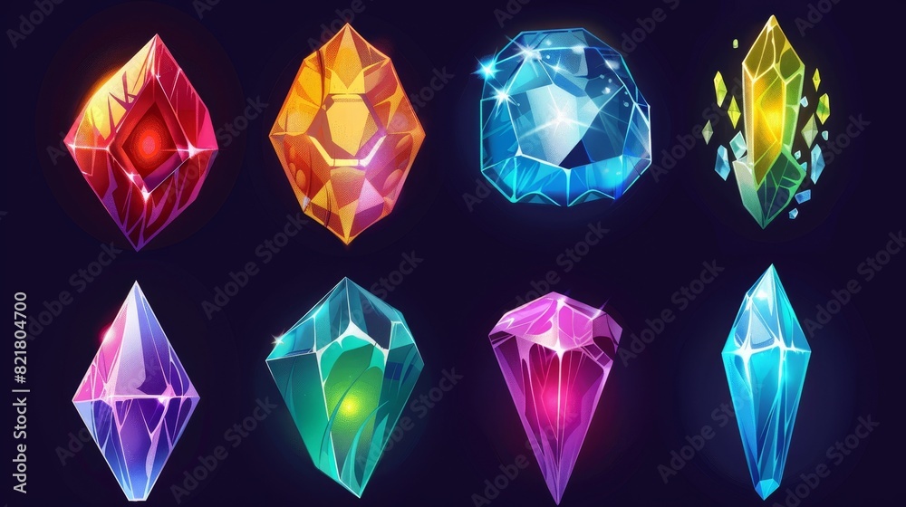 An illustration of a cartoon set of diamond crystals isolated on a dark background. A gem stone with sparkling facets is depicted in this illustration. As part of a 3 match game UI design, this is an An illustration of a cartoon set of diamond crystals isolated on a dark background. A gem stone with sparkling facets is depicted in this illustration. As part of a 3 match game UI design, this is an