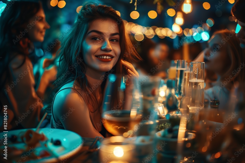 Woman sitting at table with glass of wine Woman sitting at table with glass of wine