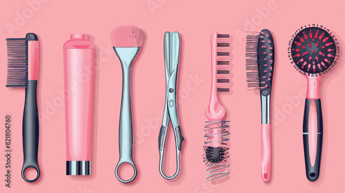 Set of hairdressers tools and hair curlers on pink background photo