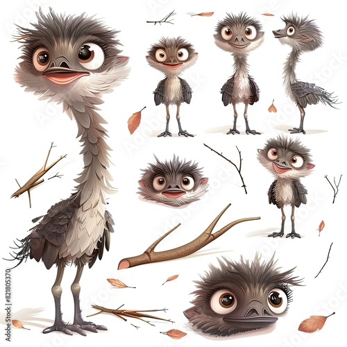 Little Emu Bird Cute character multiple posses and expression children's book illustration style photo