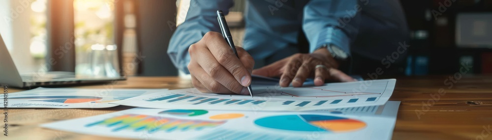 Close-up of businesswoman's hands analyzing financial report with graphs and charts. Concept of financial analysis and planning. Close-up of businesswoman's hands analyzing financial report with graphs and charts. Concept of financial analysis and planning.