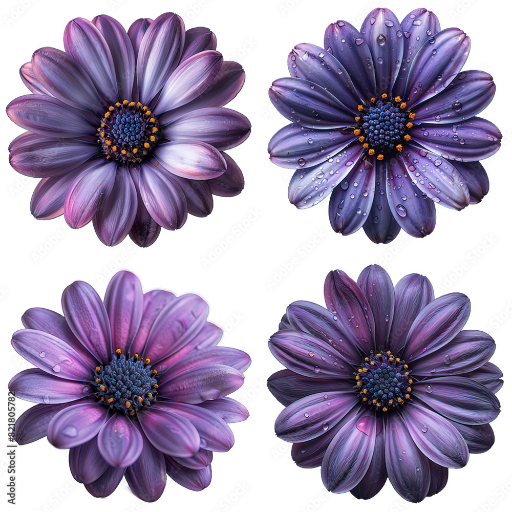 Obraz premium Elegant Purple Daisy Flower Collection in Four Bloom Variations Isolated on Transparent Background generative ai
