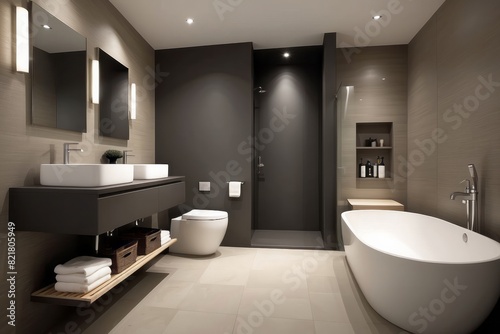 Modern Dark Beige Small Bathroom Design With Grey Bathroom Cabinet