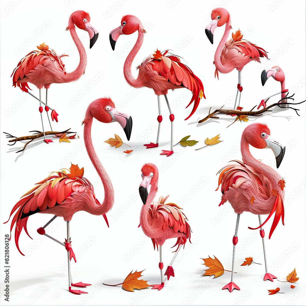 Obraz premium Little Flamingo Bird Cute character multiple posses and expression children's book illustration style