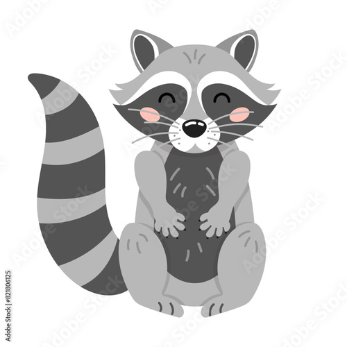 Cute cartoon raccoon in flat style. Forest animal, kids design for print, poster, stickers, nursery. 