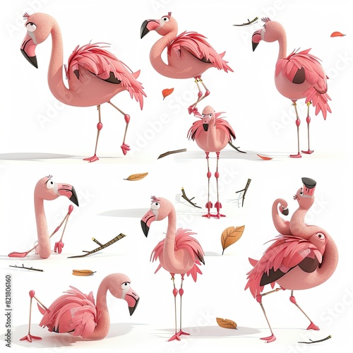 Little Flamingo Bird Cute character multiple posses and expression children's book illustration style photo