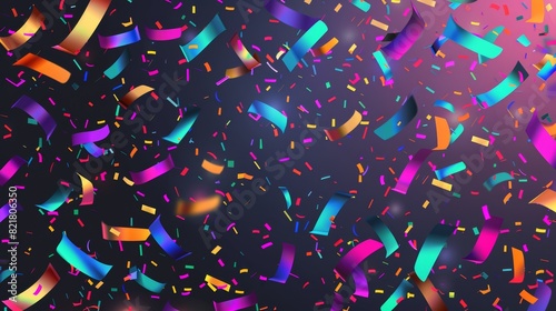 This is an abstract festive texture isolated on a transparent background, modern realistic illustration of confetti explosions with neon holographic effects. photo