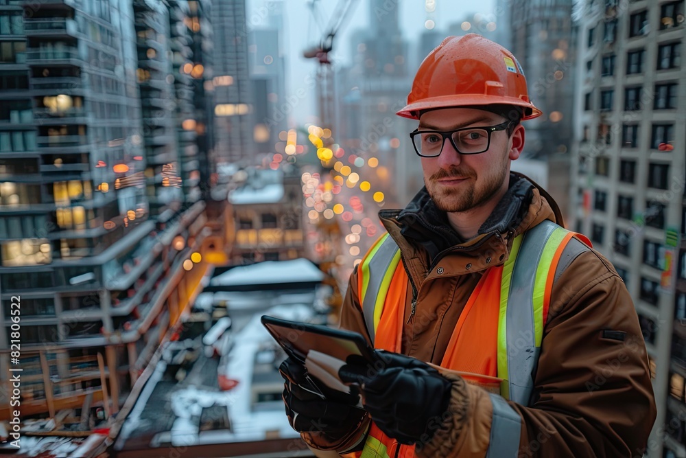 A man in a hard hat and orange vest is looking at a tablet while standing on a rooftop A man in a hard hat and orange vest is looking at a tablet while standing on a rooftop