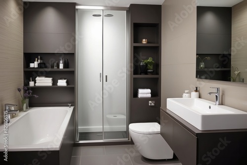 Modern Dark Beige Small Bathroom Design With Grey Bathroom Cabinet