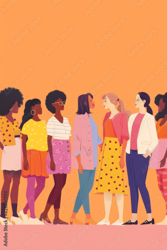 Obraz premium Illustration style, multiple races women stand together, holding hands 