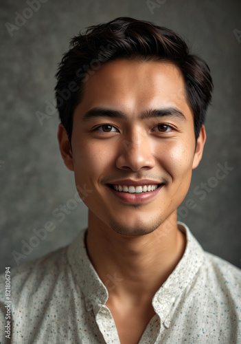 A strikingly handsome Asian man with a radiant smile that lights up his almond-shaped eyes