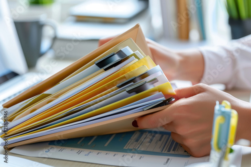 employee's hands organizing documents in a file folder on a desk in an office