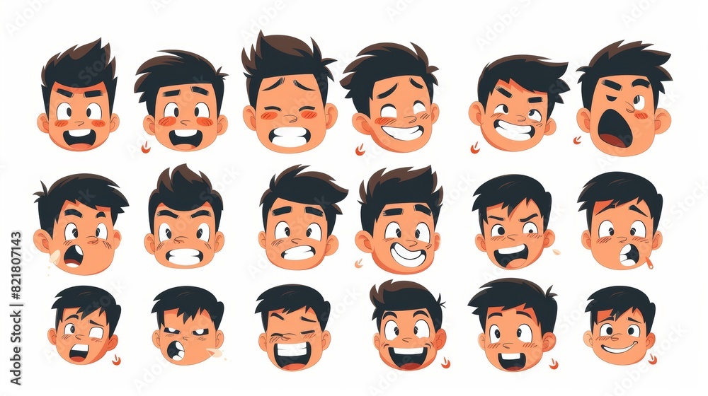 Set of Asian teen boy mouth animations isolated on white background. Modern illustration of young boy brows and lip sync collection with sound pronunciation, happy, sad, neutral emotions. Set of Asian teen boy mouth animations isolated on white background. Modern illustration of young boy brows and lip sync collection with sound pronunciation, happy, sad, neutral emotions.