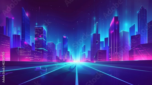 A night road leading to a neon city building. A light cityscape view and asphalt highway  leading to a skyscraper downtown. Modern speed sign for urban traffic panoramas.