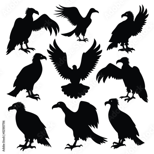 Set of Vulture animal black Silhouette Vector on a white background