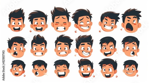 Set of Asian teen boy mouth animations isolated on white background. Modern illustration of young boy brows and lip sync collection with sound pronunciation, happy, sad, neutral emotions. © Mark