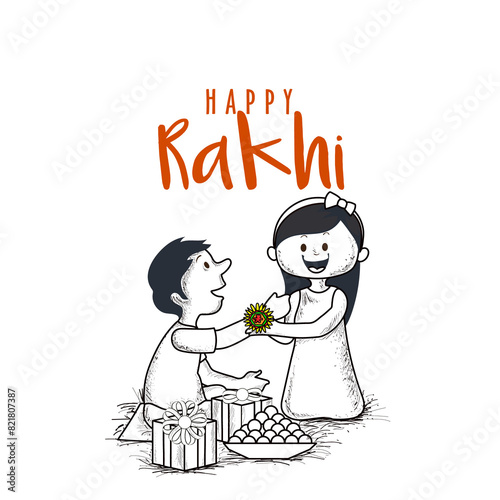 Happy Raksha Bandhan Greeting Card with Sister Tying Rakhi on Her Brother Wrist, Gift Boxes and Laddu Plate on Png Background.