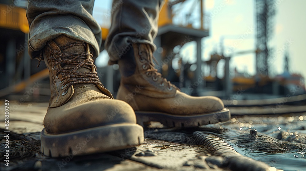 Close-up of Workers' Boots at a Shipyard with Industrial Setting in Background Close-up of Workers' Boots at a Shipyard with Industrial Setting in Background