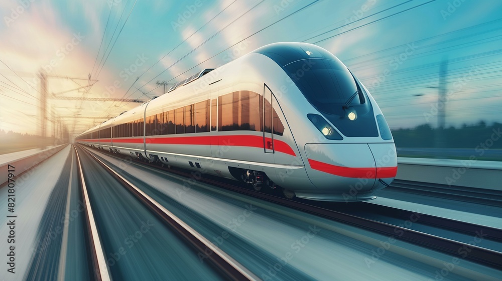 Modern High-Speed Train Traveling Against Blue Sky with Clouds Modern High-Speed Train Traveling Against Blue Sky with Clouds