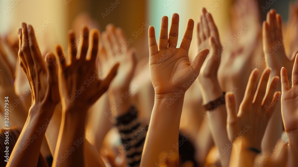 Close-Up Of Multiple Hands Raised In The Air During an Event or Gathering Close-Up Of Multiple Hands Raised In The Air During an Event or Gathering