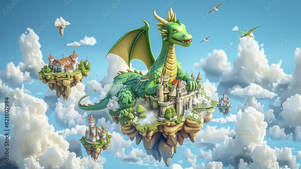 An island with a fairy tale castle and magic dragon is floating in the ...