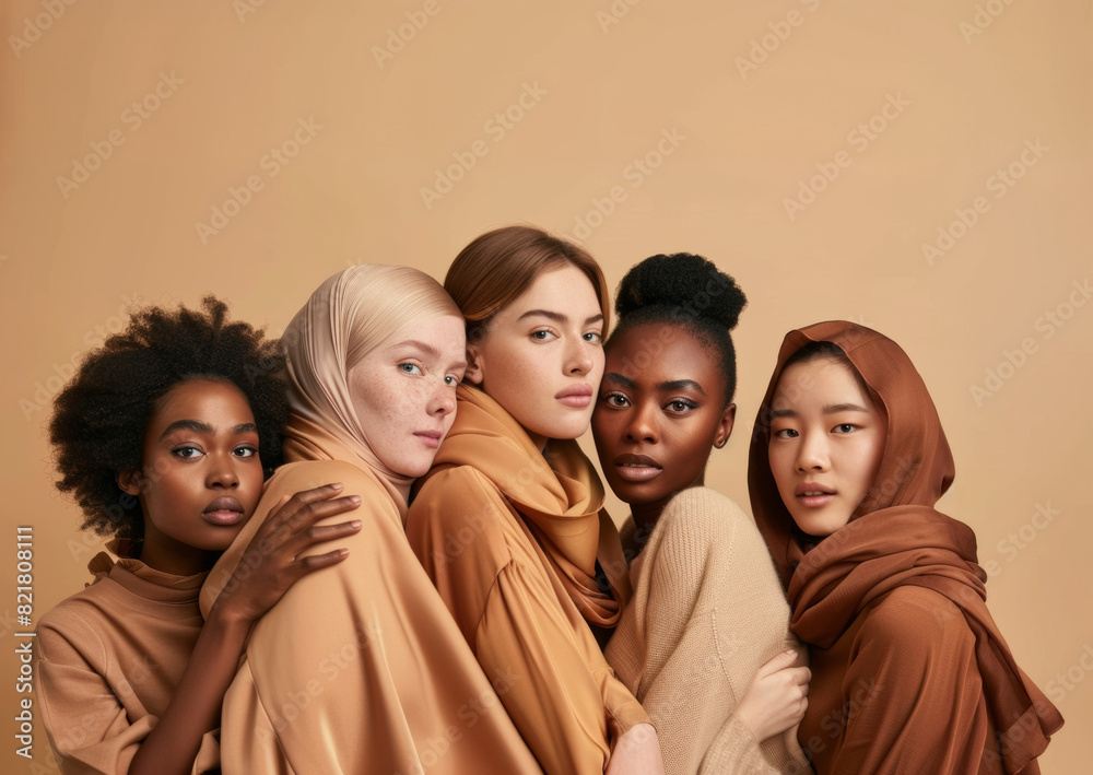 Group young international women, female power, health care and feminism, portrait girls different races, women different shapes, women's, clothes in beige and brown tones Group young international women, female power, health care and feminism, portrait girls different races, women different shapes, women's, clothes in beige and brown tones