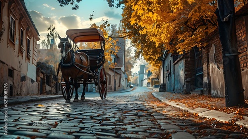 An elegant horse carriage on a cobblestone street during a vibrant autumn afternoon. 8k, realistic, full ultra HD, high resolution and cinematic photography photo