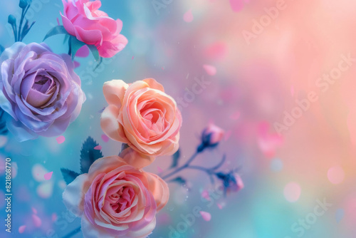 Colorful pastel flowers with abstract background  International Women s Day concept  space for copy