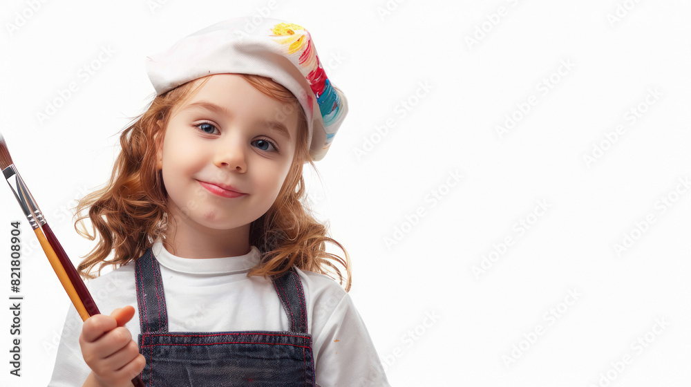 child girl wear artist uniform holding brush isolated on white background child girl wear artist uniform holding brush isolated on white background