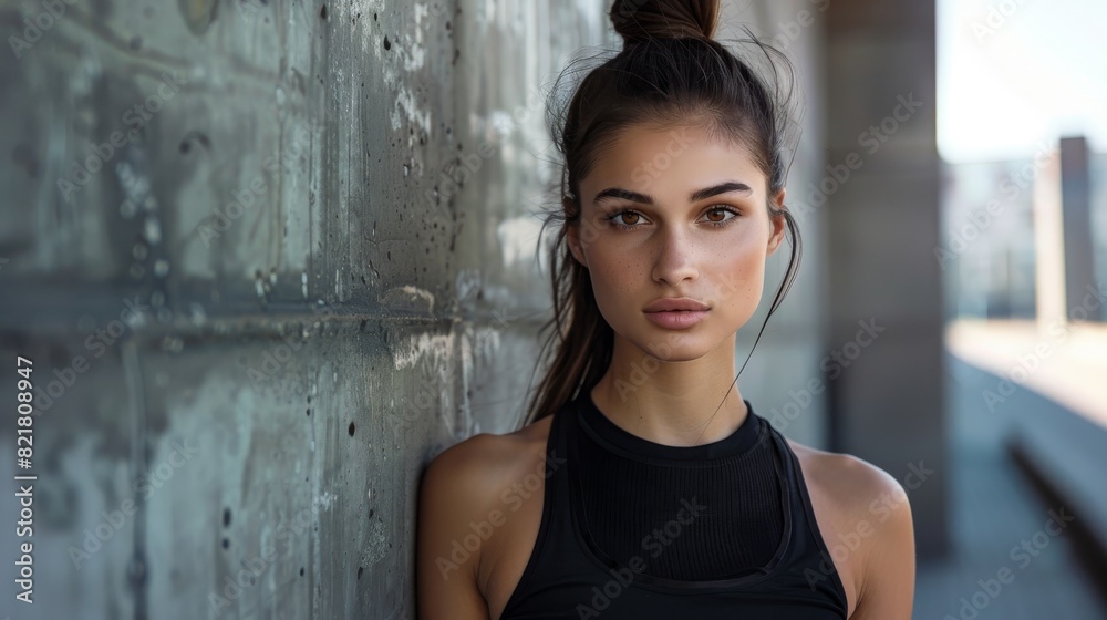An Urban Portrait of a Beautiful Confident Fitness Girl in Black Athletic Top on a Street. She is a Brunette with Brown Eyes with Her Hair Tie in a Ponytail.