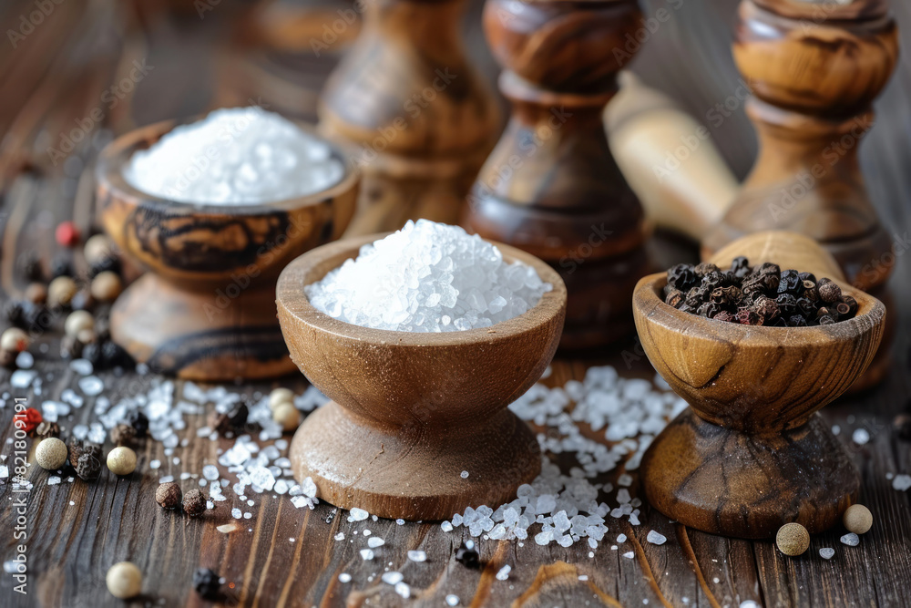 Rustic Wooden Bowls with Salt and Pepper on Wooden Table Rustic Wooden Bowls with Salt and Pepper on Wooden Table