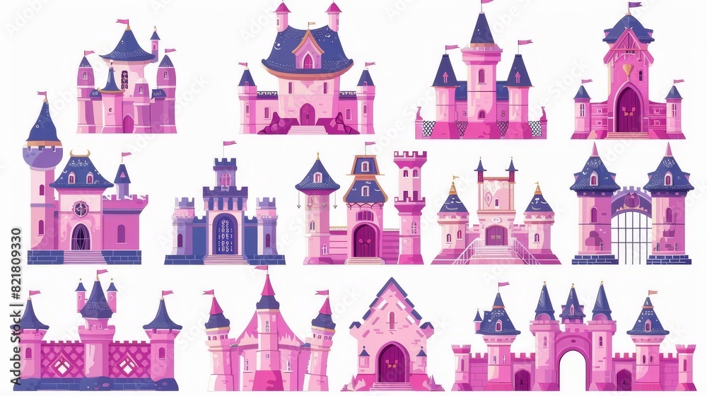 Magic fairytale kingdom world tower for fantasy child story. Medieval royal mansion architecture png clipart icons isolated on white.