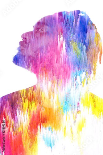 A colorful double exposure profile portrait merged with glitch 3D texture