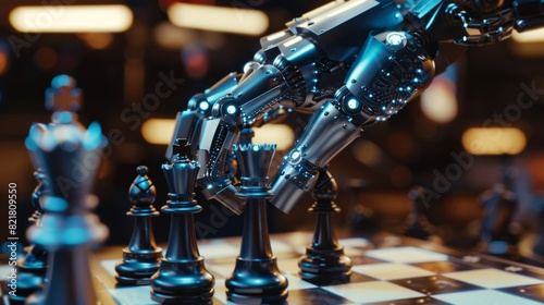 Artificial Intelligence Operates a Futuristic Robotic Arm in a Game of Chess. Robot Moves a Knight. High Tech Modern Research Lab.