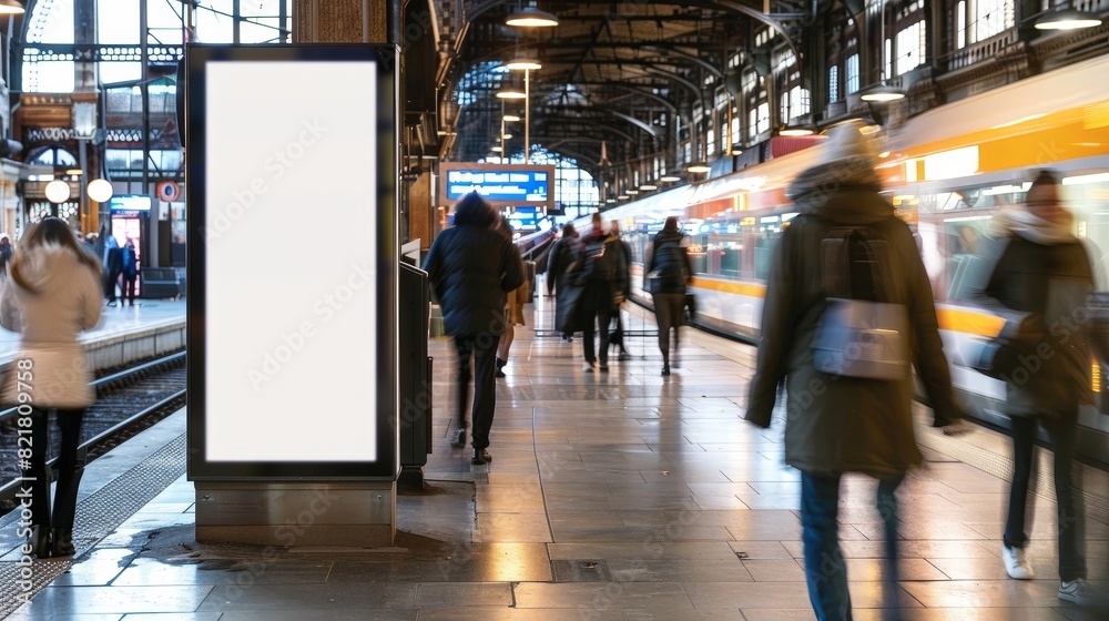 At the train station, this mockup of a lightbox vertical billboard with a blank digital screen is ready to display ads or public information. The white poster stands out against 