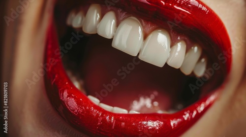 Beautiful Healthful Red Lips and White Teeth with a Pretty Smile in Close Up Macro. Female with Healthy White Teeth and Perfect Dark Lips. photo