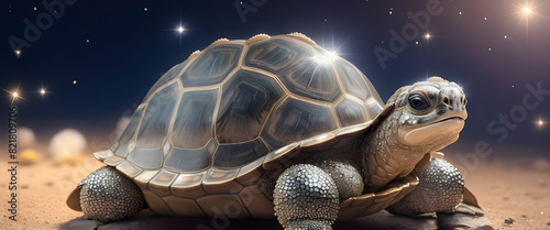 A majestic cute baby tortoise adorned with sparkling diamonds, its shell reflecting the light of a thousand stars.